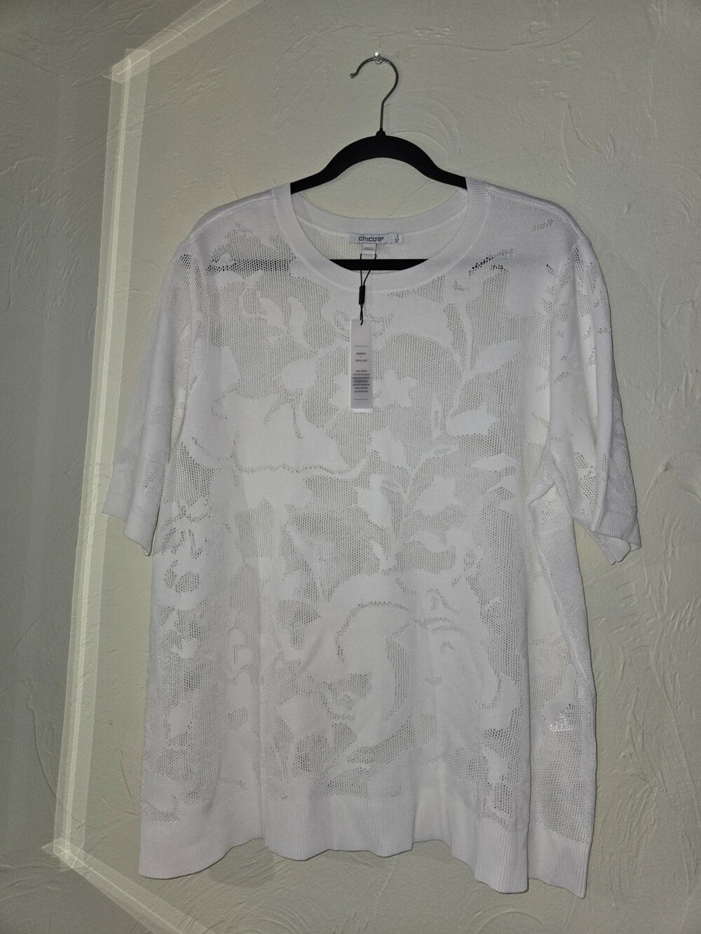 Chico's White Floral Pointelle Knit Short Sleeve Sweater Top